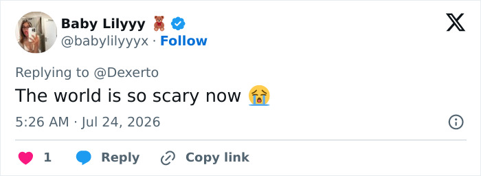 Screenshot of a tweet from Baby Lilyyyy saying The world is so scary now with a crying emoji, related to goth influencer news. Screenshot of a tweet from Baby Lilyyyy saying The world is so scary now with a crying emoji, related to goth influencer news.