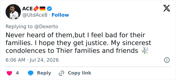 Screenshot of a tweet by @UtdAce8 expressing condolences for the Goth influencer and boyfriend found lifeless. Screenshot of a tweet by @UtdAce8 expressing condolences for the Goth influencer and boyfriend found lifeless.