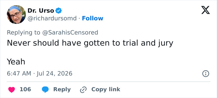 A Twitter comment asserting that a case involving a woman hurling a racial slur should not have gone to trial and jury. A Twitter comment asserting that a case involving a woman hurling a racial slur should not have gone to trial and jury.