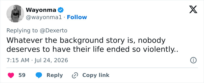 A tweet by Wayonma expresses condolences for a goth influencer, stating no one deserves a violent end. A tweet by Wayonma expresses condolences for a goth influencer, stating no one deserves a violent end.
