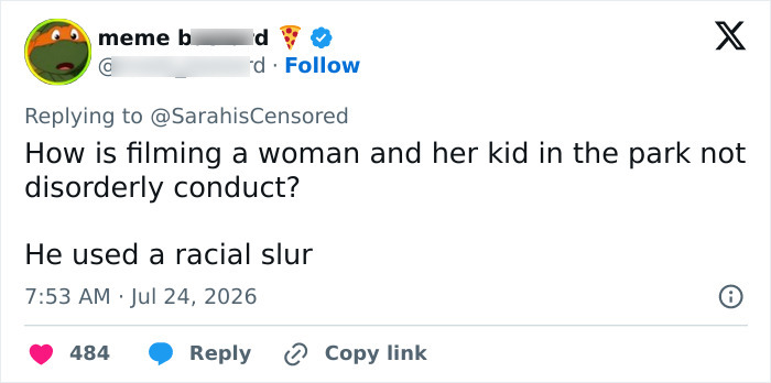 A Twitter comment asking if filming a woman and her child is not disorderly conduct, noting a racial slur. A Twitter comment asking if filming a woman and her child is not disorderly conduct, noting a racial slur.