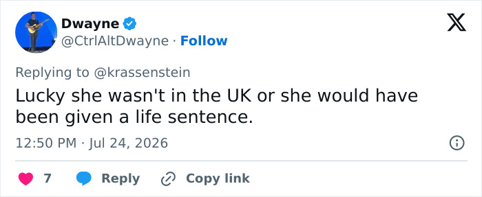 Tweet by Dwayne suggesting a life sentence in the UK for the Minnesota mom hurling racial slur. Tweet by Dwayne suggesting a life sentence in the UK for the Minnesota mom hurling racial slur.