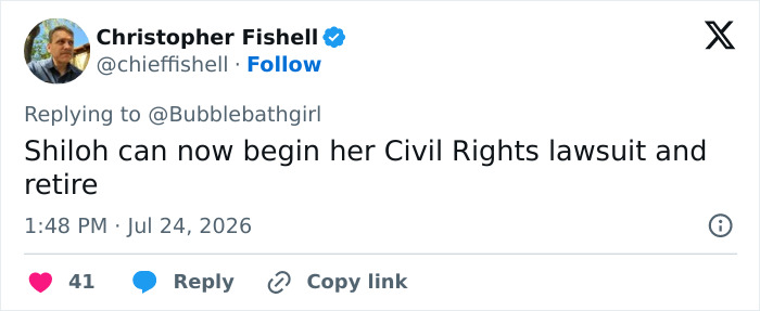 Tweet by Christopher Fishell suggesting Shiloh begin her Civil Rights lawsuit against the Minnesota mom. Tweet by Christopher Fishell suggesting Shiloh begin her Civil Rights lawsuit against the Minnesota mom.