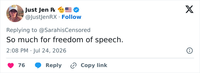 A Twitter comment stating 'So much for freedom of speech' in response to a woman hurling a racial slur. A Twitter comment stating 'So much for freedom of speech' in response to a woman hurling a racial slur.