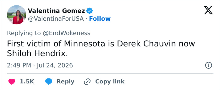 Tweet by Valentina Gomez mentioning Derek Chauvin and Shiloh Hendrix as victims in Minnesota. Tweet by Valentina Gomez mentioning Derek Chauvin and Shiloh Hendrix as victims in Minnesota.