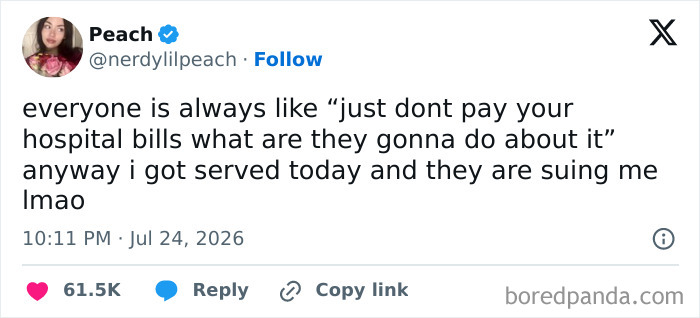 Funny tweets from July: Peach's tweet about being sued after not paying hospital bills, despite advice not to.