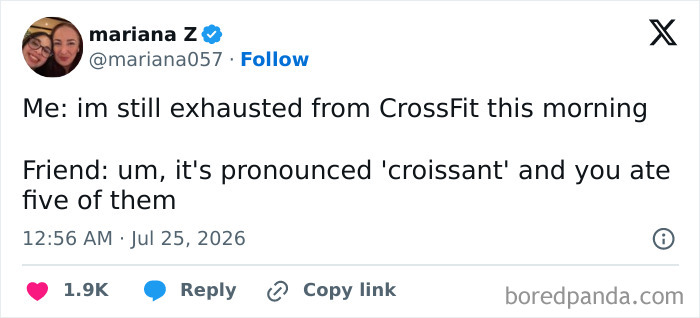 An unhinged tweet about being exhausted from CrossFit, humorously corrected to 'croissant' consumption.