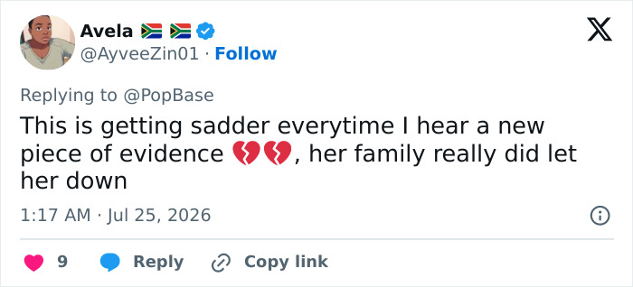A tweet by Avela expressing sadness about new evidence in D4vd's relationship with Celeste Rivas, from text messages. A tweet by Avela expressing sadness about new evidence in D4vd's relationship with Celeste Rivas, from text messages.