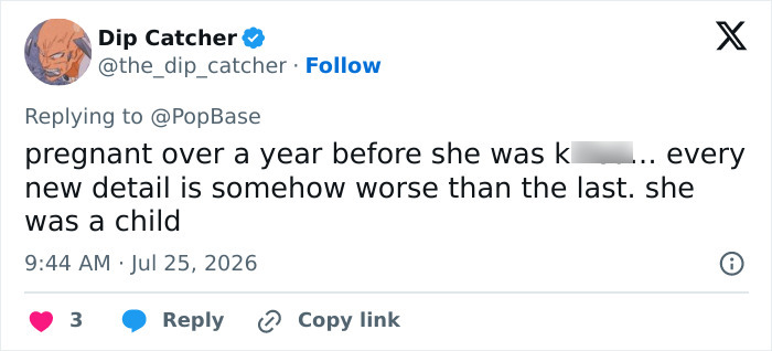 Screenshot of a tweet from Dip Catcher about new disturbing details from D4vd's text messages about Celeste Rivas. Screenshot of a tweet from Dip Catcher about new disturbing details from D4vd's text messages about Celeste Rivas.