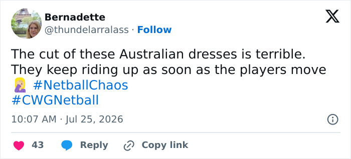 Tweet by Bernadette criticizing Australian female athletes' dresses for riding up during the match, causing wardrobe malfunction.