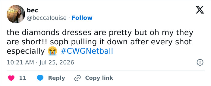 A social media post from bec commenting on the short length of female athletes' dresses and a player adjusting her dress during a match.