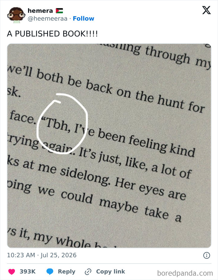 A funny tweet showing a close-up of a book page with the abbreviation Tbh circled, for July tweets.