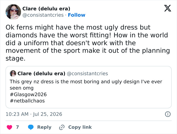 Tweet by Clare about ugly and ill-fitting uniforms causing wardrobe malfunction for female athletes.