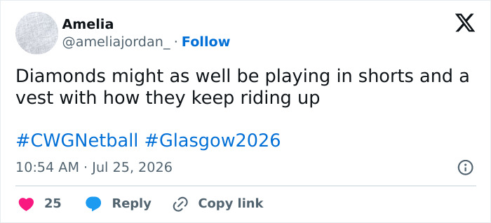 A social media post from Amelia noting the female athletes' dresses riding up during the netball match, highlighting wardrobe malfunction.