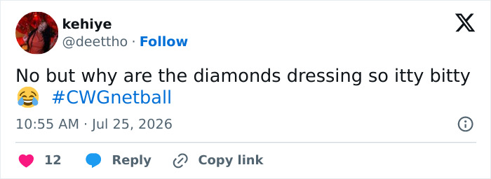 A social media post from kehiye questioning the short length of the female athletes' netball dresses, mentioning wardrobe malfunction.