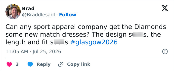 A social media post from Brad suggesting sport apparel companies provide new match dresses for female athletes due to wardrobe malfunction concerns.