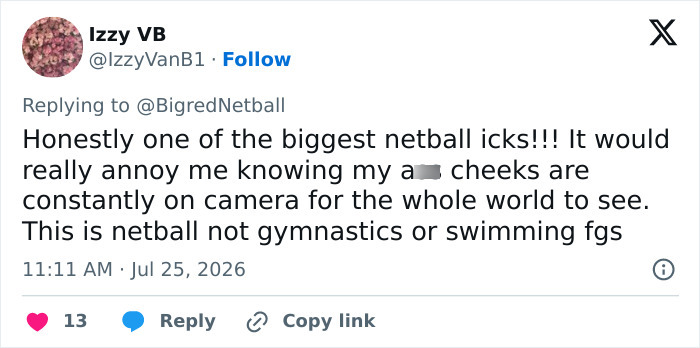 A social media post from @IzzyVanB1 about female athletes wardrobe malfunction during match.