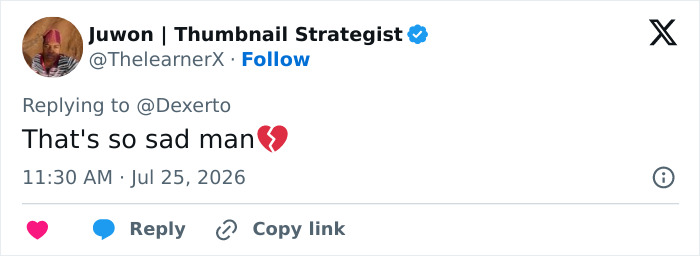 Tweet from Juwon with a broken heart emoji, expressing sadness over an influencer attacked by her husband. Tweet from Juwon with a broken heart emoji, expressing sadness over an influencer attacked by her husband.