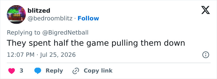 A social media post from @bedroomblitz about female athletes wardrobe malfunction during match.