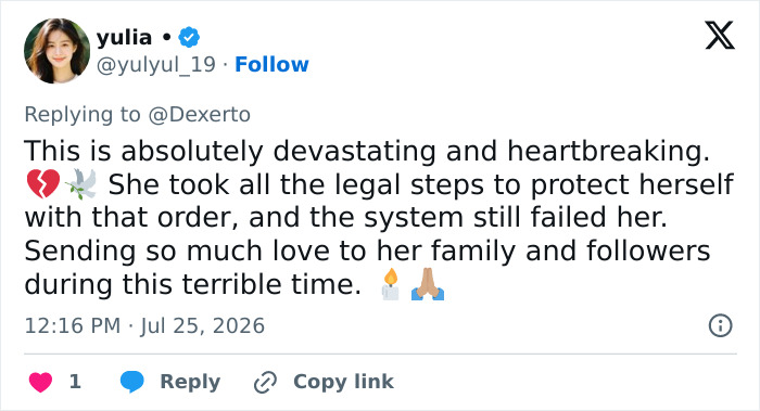 Tweet from yulia, @yulyul_19, expressing heartbreak and devastation over the influencer fatally attacked. Tweet from yulia, @yulyul_19, expressing heartbreak and devastation over the influencer fatally attacked.