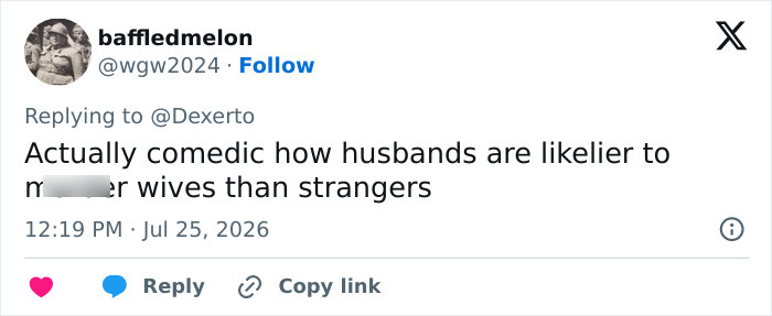 Screenshot of a tweet by baffledmelon commenting on husbands and the influencer's fatal attack. Screenshot of a tweet by baffledmelon commenting on husbands and the influencer's fatal attack.