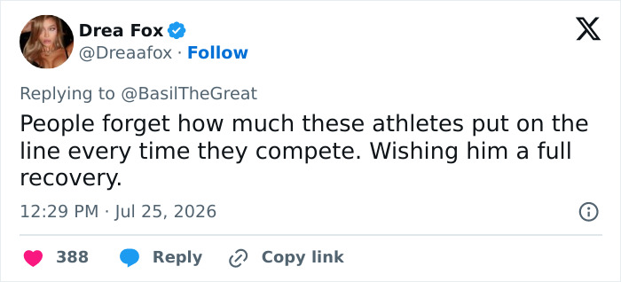 Screenshot of a tweet wishing an English gymnast a full recovery after a horrific fall during the Commonwealth Games.