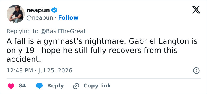A tweet from neapun expressing hope for recovery for the English gymnast Gabriel Langton after his horrific fall.