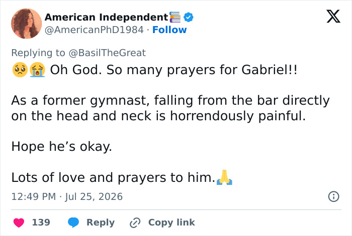 A social media post expressing prayers and concern for the English gymnast after a horrific fall, emphasizing pain.