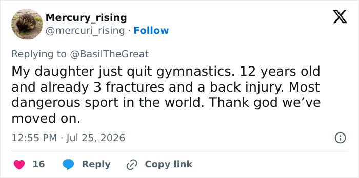 Screenshot of a tweet discussing the dangers of gymnastics, mentioning a daughter who quit after fractures and a back injury.