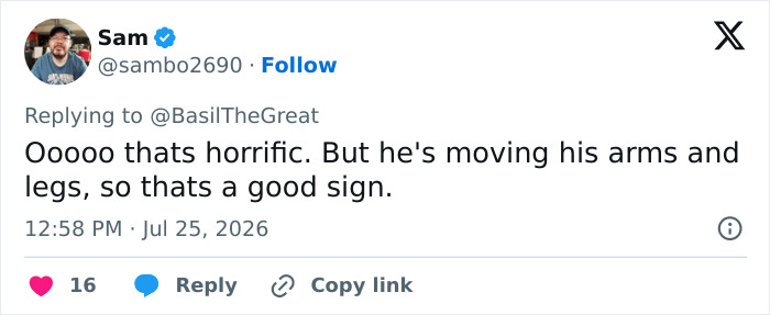 A tweet by Sam noting the English gymnast is moving limbs after a horrific fall during the Commonwealth Games, a good sign.