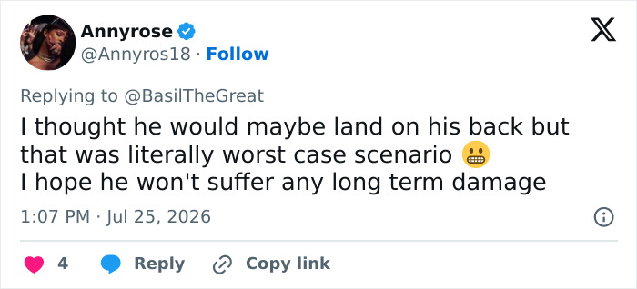 A social media post about an English gymnast's horrific fall, expressing concern for long-term damage.