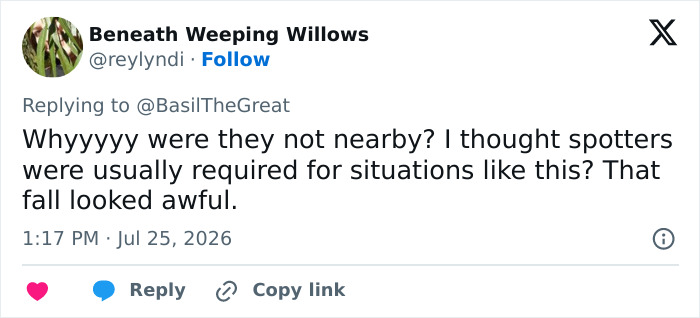 A tweet questioning the absence of spotters after an English gymnast suffered a horrific fall during the Commonwealth Games.