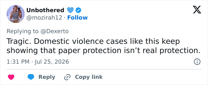 Tweet from Unbothered, @mozirah12, stating domestic violence cases show paper protection is not real protection. Tweet from Unbothered, @mozirah12, stating domestic violence cases show paper protection is not real protection.