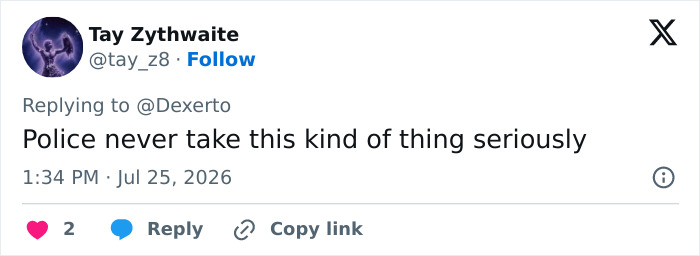 Screenshot of a tweet by Tay Zythwaite discussing police response to the influencer fatally attacked by her husband. Screenshot of a tweet by Tay Zythwaite discussing police response to the influencer fatally attacked by her husband.