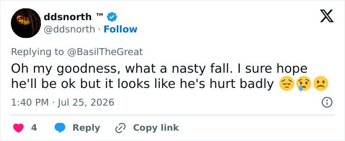 A tweet from ddsnorth about the nasty fall of the English gymnast, hoping he is okay after the horrific accident.