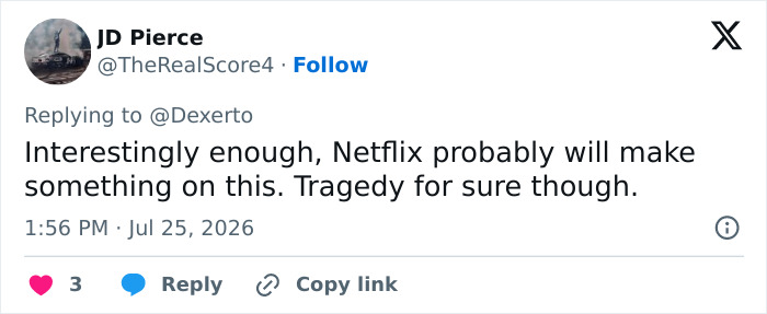 Screenshot of a tweet by JD Pierce commenting on Netflix documentary trend and the influencer's attack. Screenshot of a tweet by JD Pierce commenting on Netflix documentary trend and the influencer's attack.