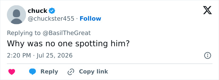 A tweet by Chuck questioning why no one was spotting the English gymnast during his horrific fall at the Commonwealth Games.