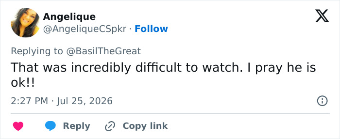 A tweet by Angelique expressing difficulty watching the English gymnast's horrific fall and praying for his well-being at the Commonwealth Games.