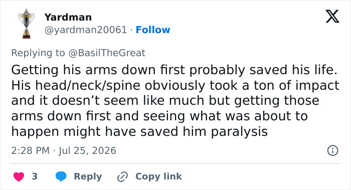 A tweet from Yardman discussing how the English gymnast's arms may have saved him from paralysis after the horrific fall.
