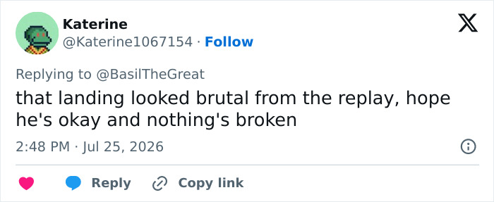 A tweet by Katerine hoping the English gymnast is okay after a brutal landing and horrific fall at the Commonwealth Games.