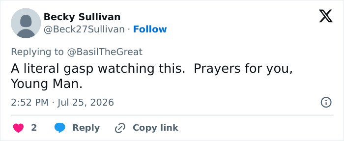 A tweet by Becky Sullivan expressing prayers for the English gymnast after a horrific fall during the Commonwealth Games.
