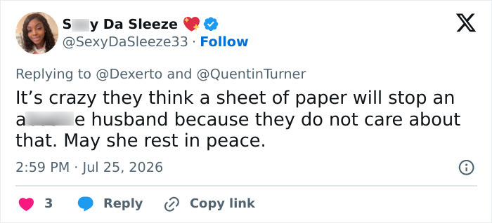 Tweet: A sheet of paper won't stop an a*****e husband. May she rest in peace. About influencer fatally attacked. Tweet: A sheet of paper won't stop an a*****e husband. May she rest in peace. About influencer fatally attacked.
