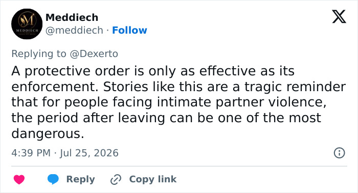 Screenshot of a tweet by Meddiech discussing protective orders and intimate partner violence related to the influencer's attack. Screenshot of a tweet by Meddiech discussing protective orders and intimate partner violence related to the influencer's attack.