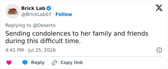Tweet from Brick Lab sending condolences to the family after an influencer was fatally attacked by her husband. Tweet from Brick Lab sending condolences to the family after an influencer was fatally attacked by her husband.