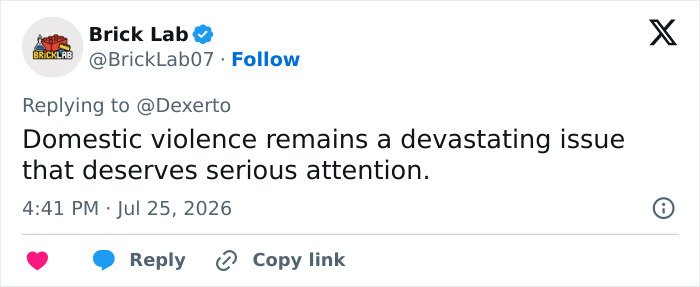 Tweet from Brick Lab about domestic violence, a devastating issue after an influencer was attacked by her husband. Tweet from Brick Lab about domestic violence, a devastating issue after an influencer was attacked by her husband.