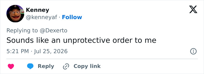 Tweet from Kenney, @kenneyyaf, commenting that the order sounds unprotective in the influencer fatally attacked case. Tweet from Kenney, @kenneyyaf, commenting that the order sounds unprotective in the influencer fatally attacked case.