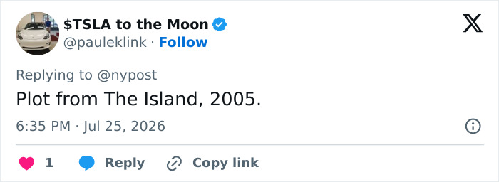 A social media reply referencing The Island 2005 movie, related to Biohacker Bryan Johnson cloning himself as a baby. A social media reply referencing The Island 2005 movie, related to Biohacker Bryan Johnson cloning himself as a baby.