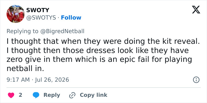 A social media post from @SWOTYS regarding female athletes wardrobe malfunction during match.