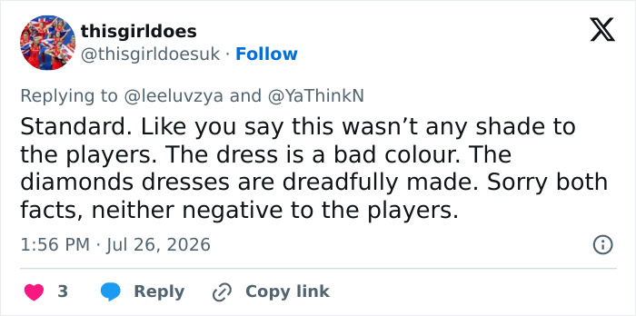 A social media post from thisgirldoes criticizing the design and quality of the female athletes' dresses causing wardrobe malfunction.