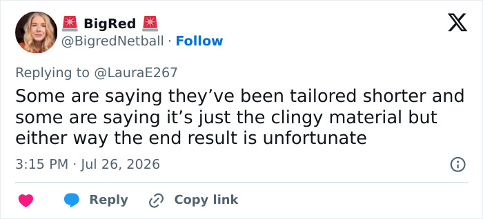 A social media post from @BigredNetball discussing female athletes wardrobe malfunction during match.